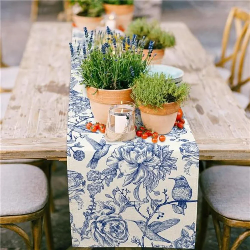 Blue floral table runner 13x72 vintage chinoiserie birds flowers dining table de